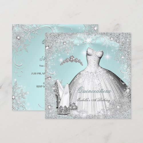 Quinceanera Party Mint Blue Silver Snowflakes Personalized Announcement