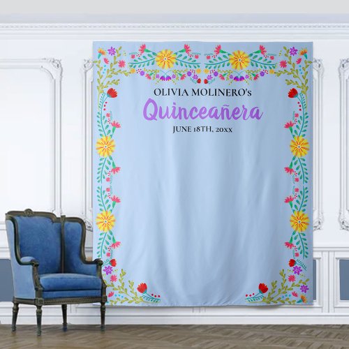 Quinceanera Party Photo Backdrop Light Blue Floral