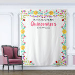 Quinceanera Party Photo Backdrop Mexican Flowers<br><div class="desc">Colorful Quinceanera photo backdrop, personalized with your name and celebration date. This large white tapestry is a great size for your photo booth backdrop for taking precious snaps of yourself and your guests. The Mexican Fiesta flowers make a lovely floral frame for your photo background. This design is perfectly suited...</div>