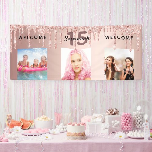 Quinceanera party photo rose gold glitter sparkle banner