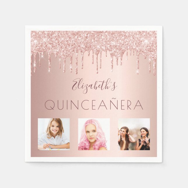 Quinceanera party photo rose gold pink drips napkins (Front)