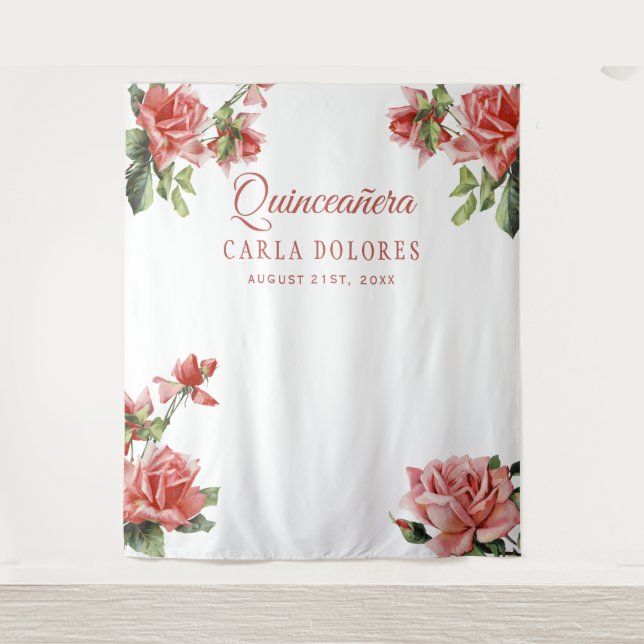 Quinceañera party pink roses photo booth backdrop (Front)