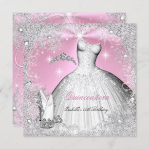 Quinceanera Party Pink Silver Winter Snowflakes Invitation