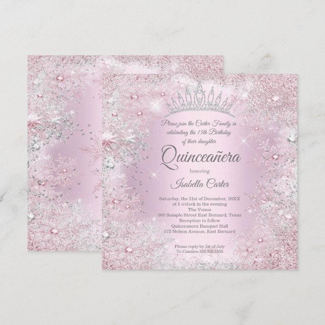 Quinceanera Party Pink Silver Winter Wonderland Invitation (Front/Back)