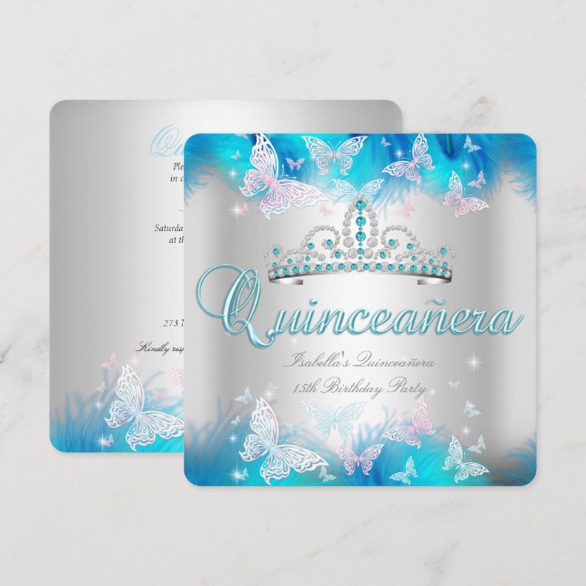 Quinceanera Party Pink Teal Blue Tiara Butterfly Invitation (Front/Back)