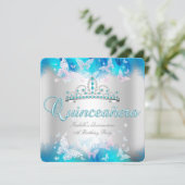 Quinceanera Party Pink Teal Blue Tiara Butterfly Invitation (Standing Front)