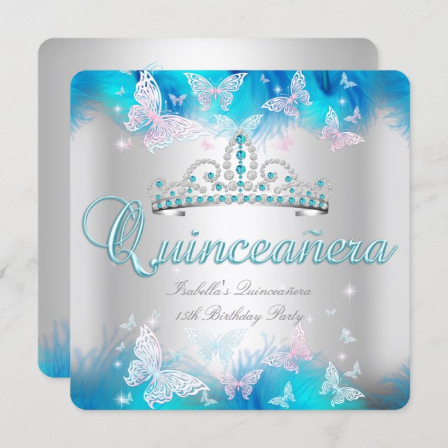 Quinceanera Party Pink Teal Blue Tiara Butterfly Invitation (Front/Back)