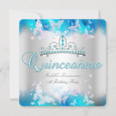 Quinceanera Party Pink Teal Blue Tiara Butterfly Invitation (Front)