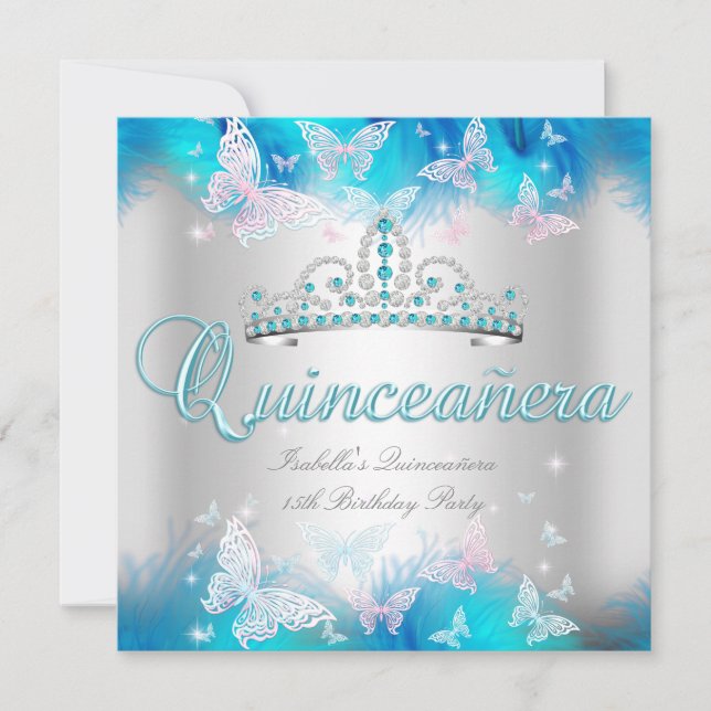 Quinceanera Party Pink Teal Blue Tiara Butterfly Invitation (Front)