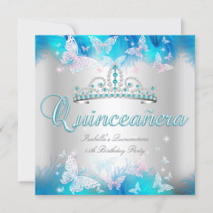 Quinceanera Party Pink Teal Blue Tiara Butterfly Invitation