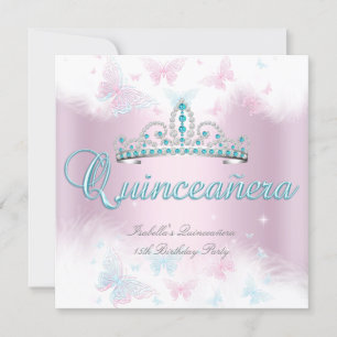 Quinceanera Party Pink Teal Tiara Butterfly 2 Invitation