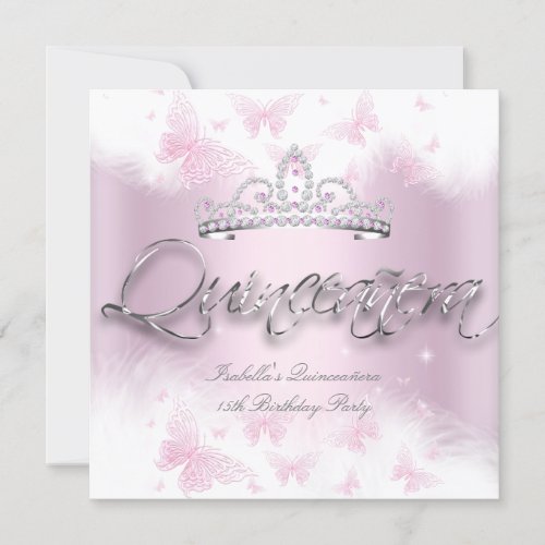 Quinceanera Party Pink White Tiara Butterfly 2 Invitation