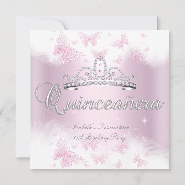 Quinceanera Party Pink White Tiara Butterfly Invitation (Front)