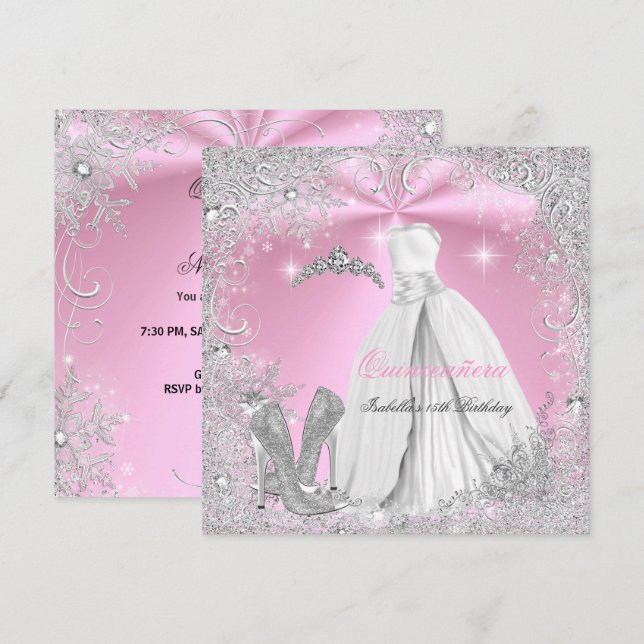 Quinceanera Party Pink White Winter Snowflakes 2 Invitation (Front/Back)