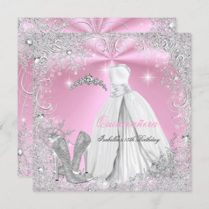 Quinceanera Party Pink White Winter Snowflakes 2 Invitation