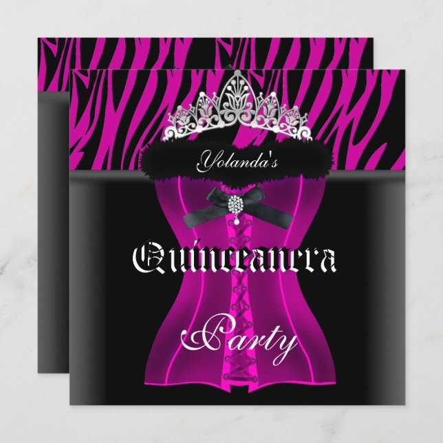 Quinceanera Party Pink Zebra Black Tiara Corset Invitation (Front/Back)