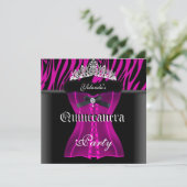 Quinceanera Party Pink Zebra Black Tiara Corset Invitation (Standing Front)