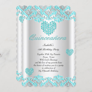 Quinceanera Party Pretty Teal Blue Hearts Lace Invitation