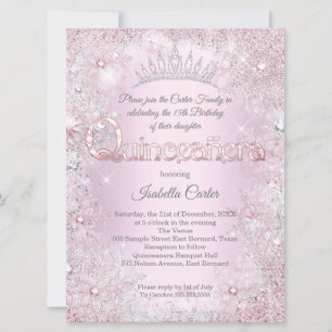 Quinceanera Party princess Pink Silver snowflake Invitation