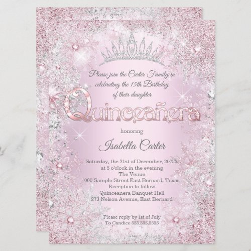 Quinceanera Party princess Pink Silver snowflake Invitation
