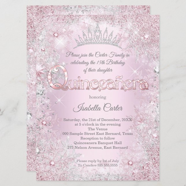Quinceanera Party princess Pink Silver snowflake Invitation (Front/Back)