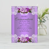 Quinceanera Party Purple Pink Roses White Lace Invitation (Standing Front)