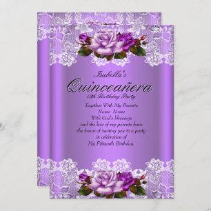 Quinceanera Party Purple Pink Roses White Lace Invitation
