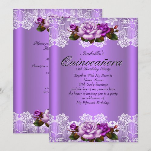 Quinceanera Party Purple Pink Roses White Lace Invitation