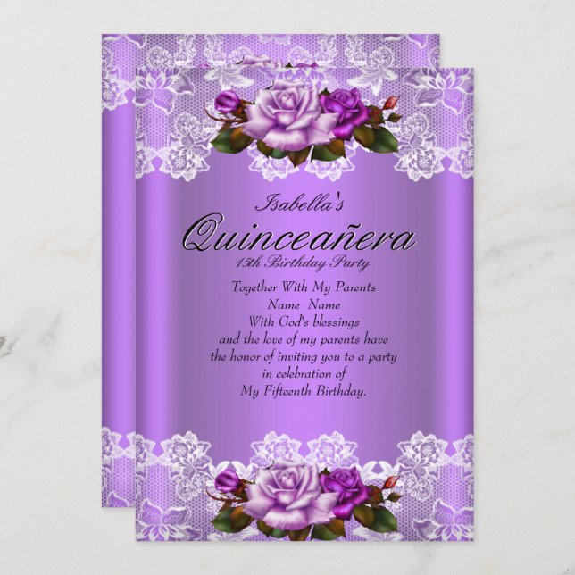 Quinceanera Party Purple Pink Roses White Lace Invitation (Front/Back)