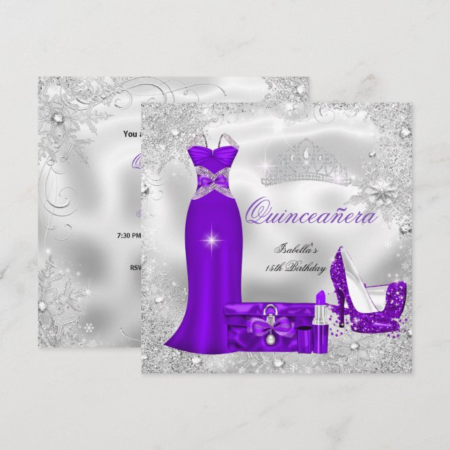 Quinceanera Party Purple Silver Snowflakes S Invitation (Front/Back)