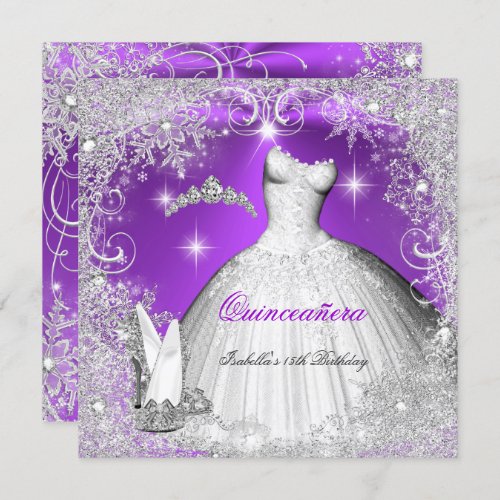 Quinceanera Party Purple Silver Winter Snowflakes Invitation