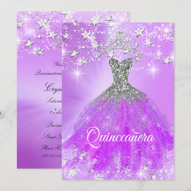 Quinceanera Party Purple Sparkle Tiara Stars Invitation (Front/Back)