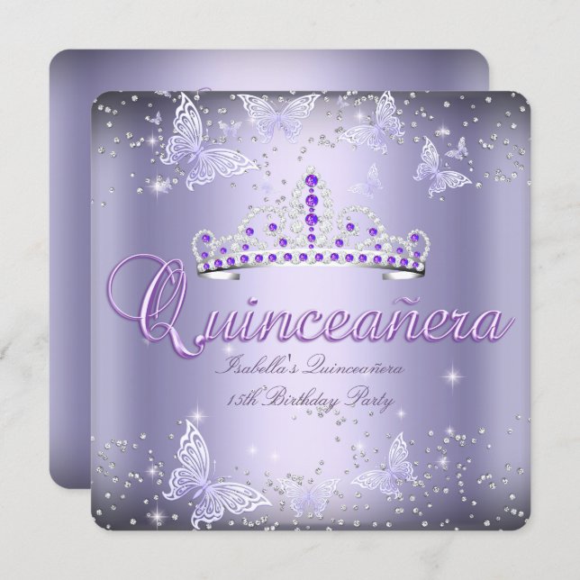 Quinceanera Party Purple Tiara Butterfly 2 Invitation (Front/Back)