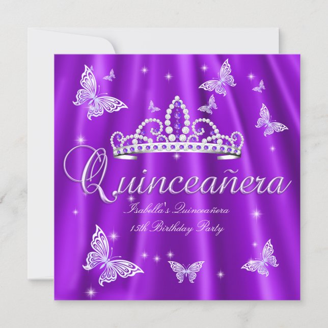 Quinceanera Party Purple Tiara Butterfly Invitation (Front)