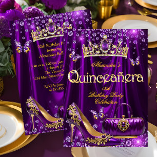 Quinceanera party Purple Tiara High heel gold Invitation