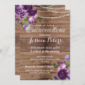 Quinceanera Party Purple Wood Flowers Invite 15th (Front/Back)