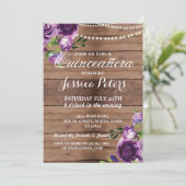 Quinceanera Party Purple Wood Flowers Invite 15th (Standing Front)