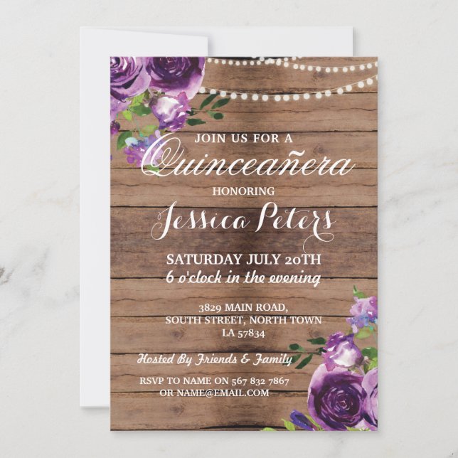 Quinceanera Party Purple Wood Flowers Invite 15th (Front)