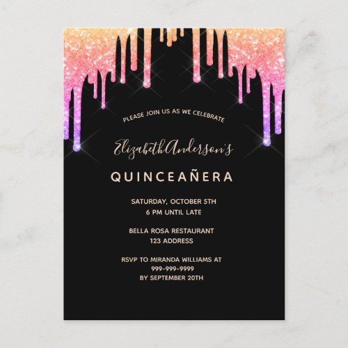 Quinceanera party rainbow glitter black invitation postcard