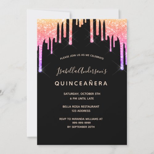 Quinceanera party rainbow glitter black rose gold invitation