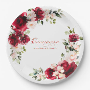 Quinceanera Party Red Pink Floral Custom Paper Plates
