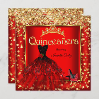 Quinceañera Party Red Rose Dress High Heels Gold Invitation