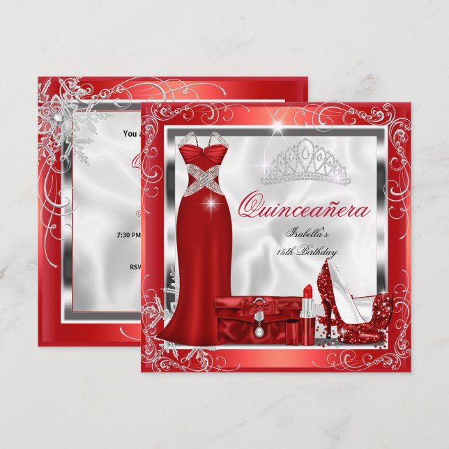 Quinceanera Party Red Silver Dress Heels S5 Invitation (Front/Back)