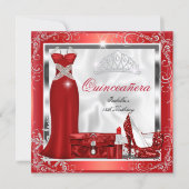 Quinceanera Party Red Silver Dress Heels S5 Invitation (Front)