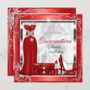Quinceanera Party Red Silver Dress Heels S5 Invitation