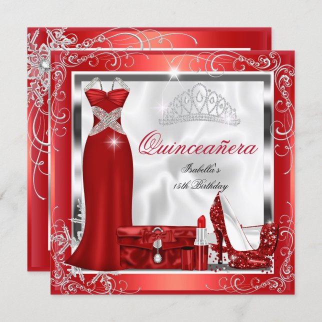 Quinceanera Party Red Silver Dress Heels S5 Invitation (Front/Back)