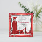 Quinceanera Party Red Silver Dress Heels S5 Invitation (Standing Front)