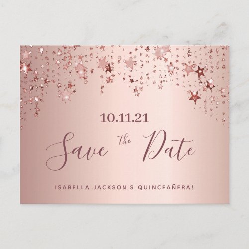 Quinceanera party rose gold stars save the date postcard