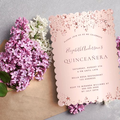 Quinceanera party rose gold twinkling stars invitation