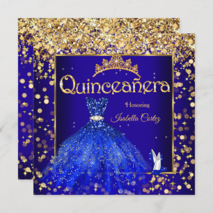 Quinceañera Party Royal Blue Dress High Heel Gold Invitation